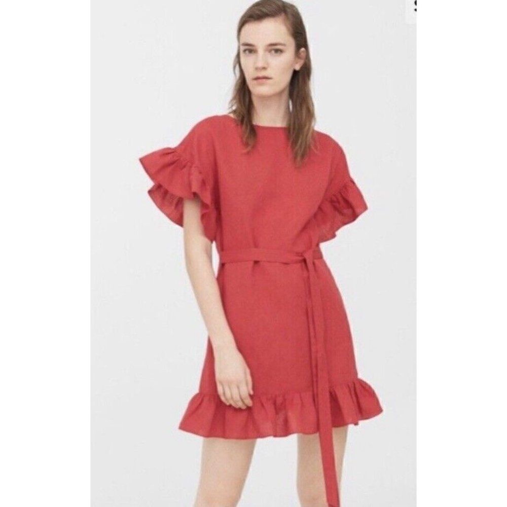 mng casual solid red Crew Neck linen short sleeve linen mini dress xs